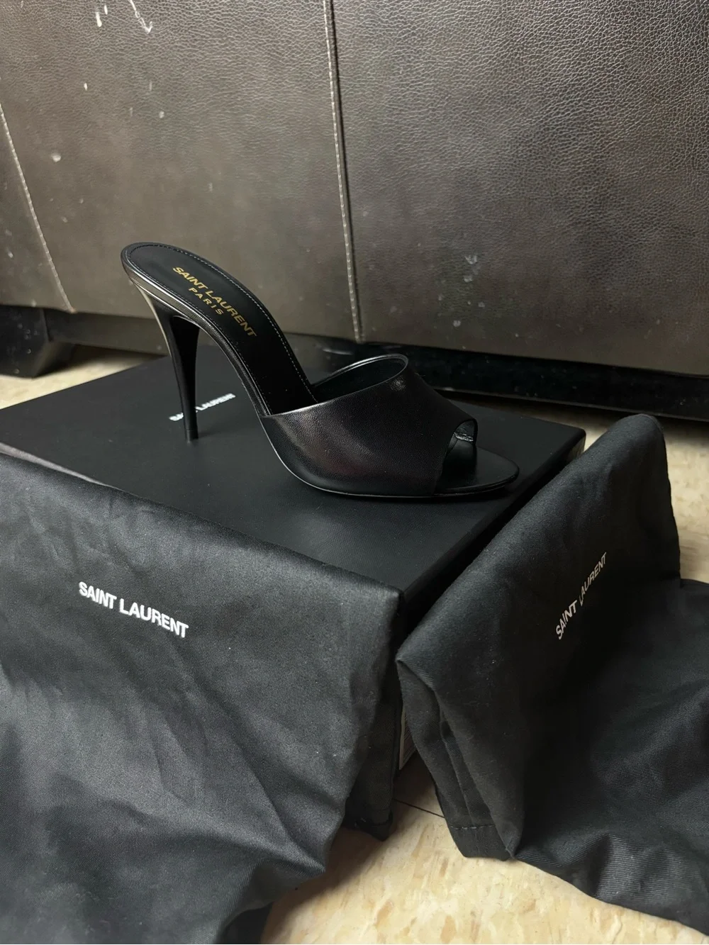 Saint Laurent Black Leather Peep-Toe Mule Heels - Picture 4 of 9